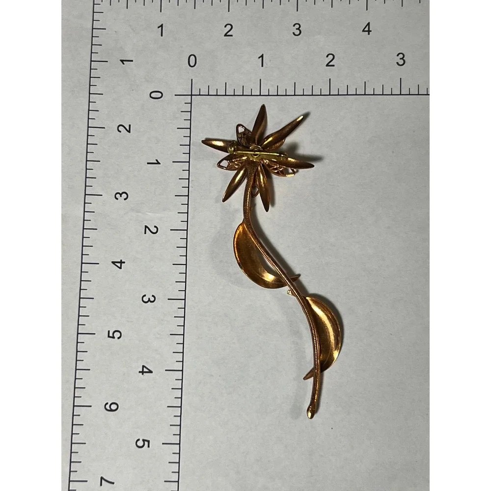 Vintage Gold Tone Long Stem‎ Flower Brooch Textured Leaf Floral Pin 4.5 Inch